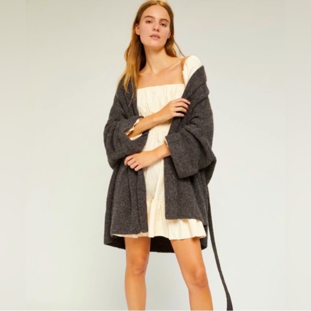 Anthropologie Gray Belted Knit Cardigan Sweater